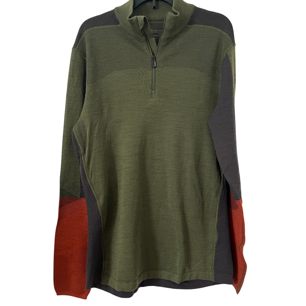 Smartwool Intraknit 200 Wool Blend 1/4 Zip Pullover Mens Medium Green Orange
